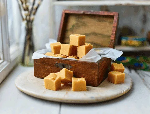 Squares of golden fudge piled in and around a small wooden box